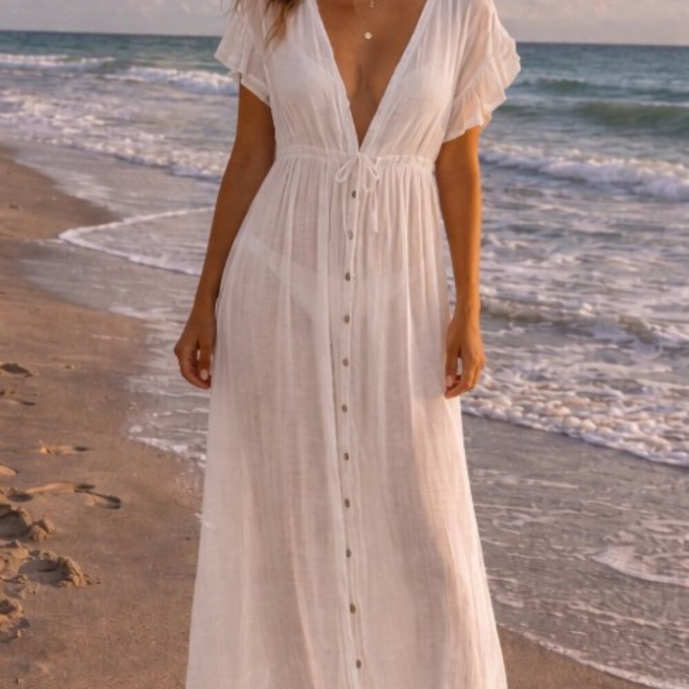 Beach Wear Shabby Long White Semi-Sheer Summer Cover Dress Vacation Resort OS